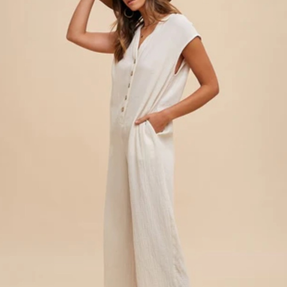 Zara Beige Button-Up Jumpsuit